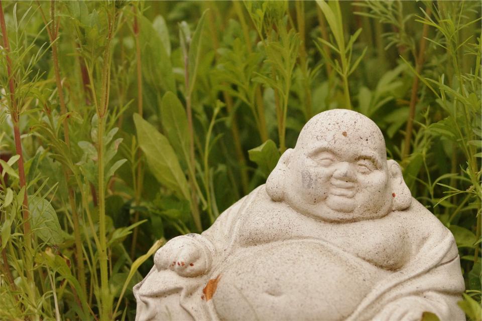 Obese buddha statue in grass