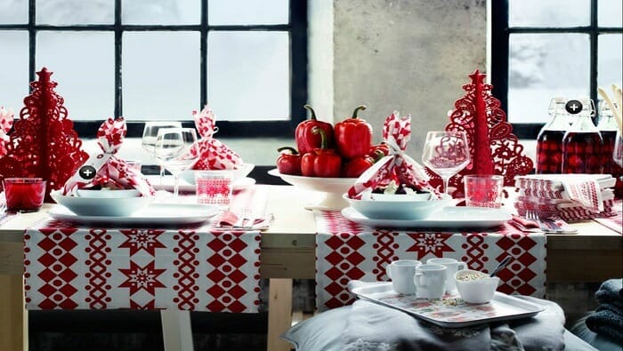 Red and white Christmas table setup