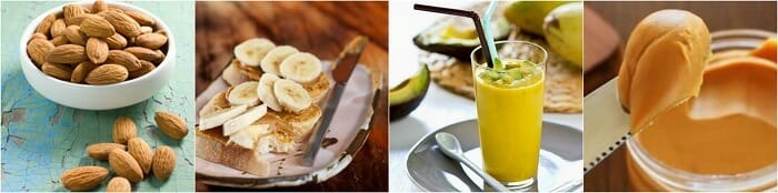 Weight gainers food like almonds, bananas, avocado, and peanut butter