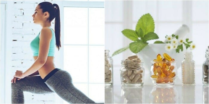 Young woman exercising and different weight loss supplements in bottles
