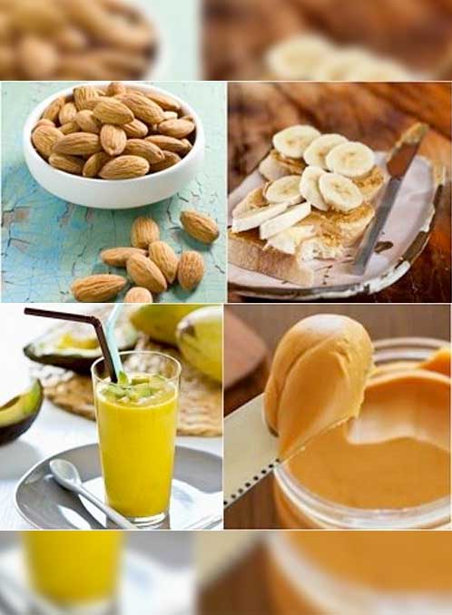 Weight gainers food like almonds, bananas, avocado, and peanut butter