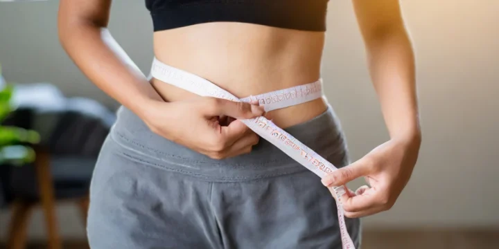 A woman using a measuring tape after losing weight fast