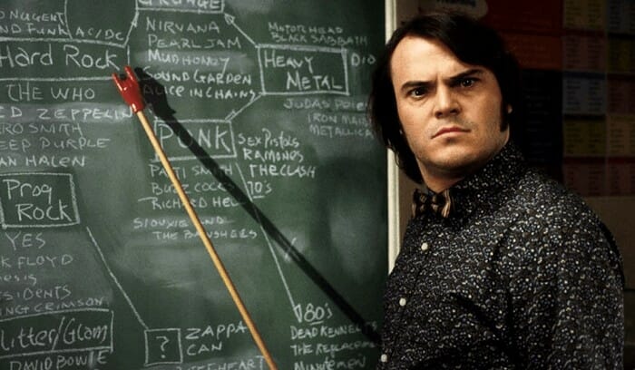 Jack Black explaining in front of the blackboard