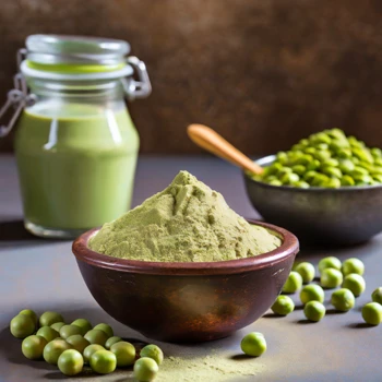Close up shot of peas and whey protein powder