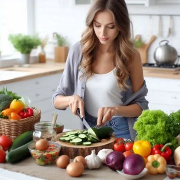 A woman in the kitchen preparing a healthy meal