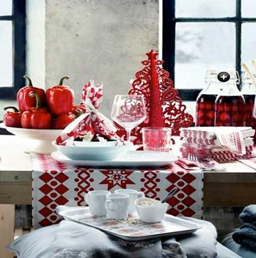 Red and white Christmas table setup