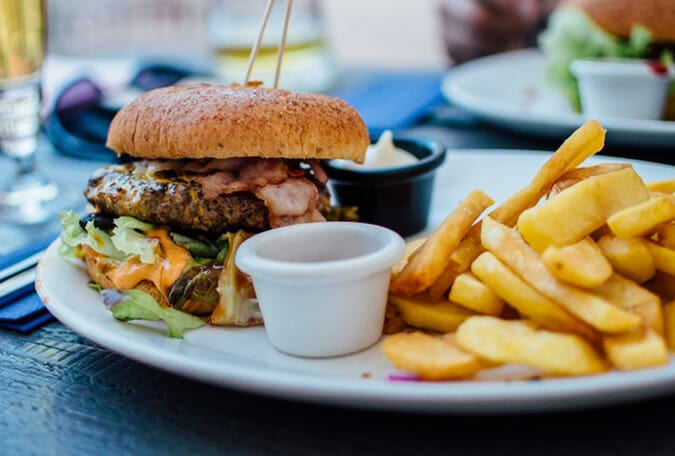 Burger and fries on a plate