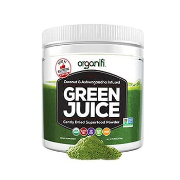 Close up shot of Organifi-Green-Juice on a white background