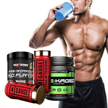 shirtless man drinking from his jug and pre workout products