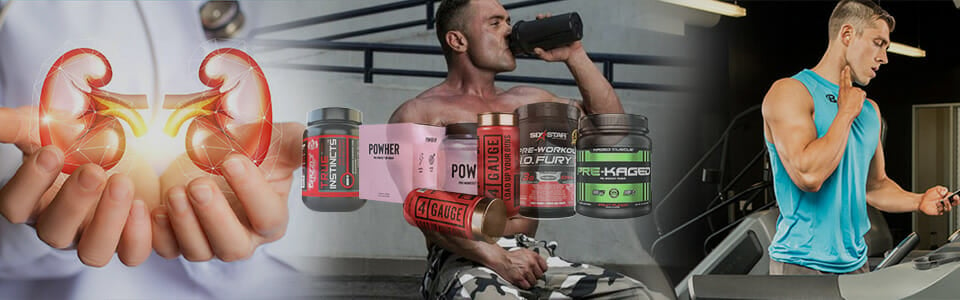 A row of branded pre-workouts with people in the gym at the background