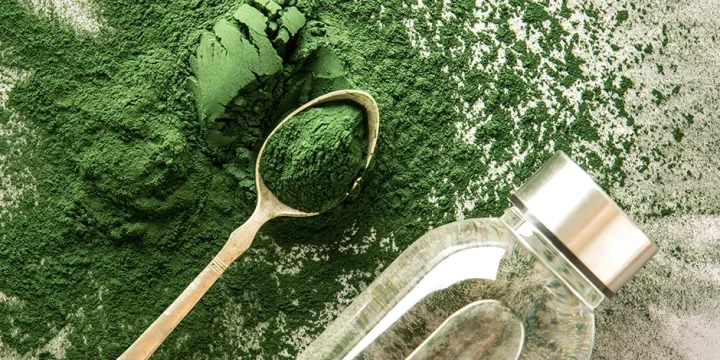 A top view of green superfood powder