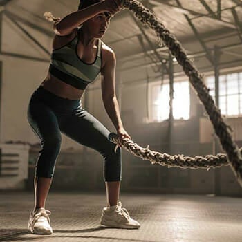 A woman working out with battle ropes