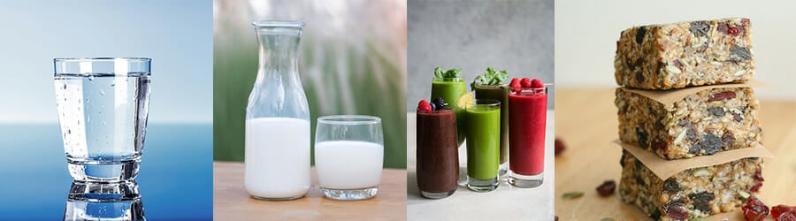 A row of foods and drinks that can be mixed with protein powder