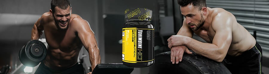 Men working Out with yohimbine supplement in the middle