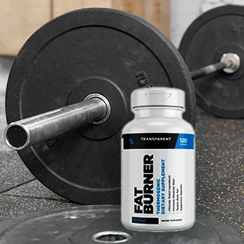A close up shot of a barbell and Transparent Labs Fat Burner supplement