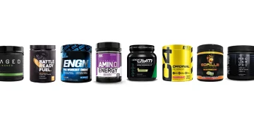 A line of different supplement container for men's pre-workout supplement recommendations