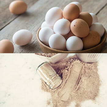 A bunch of eggs on a table with whey protein