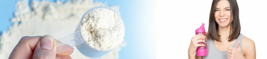 scooping protein powder and a woman holding a jug