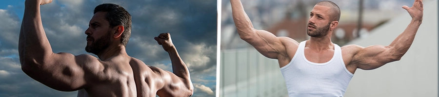 Men outdoors flexing muscles