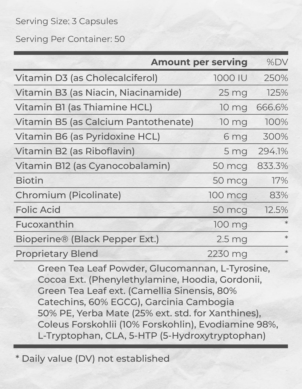 Supplement Facts of Phenocal weight loss