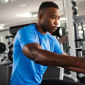 A man wearing a blue shirt working out in the gym