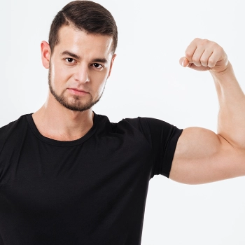 Muscular person flexing his muscles in white background