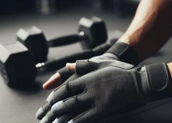 a man wearing sweat and smell resistance gloves while in the gym
