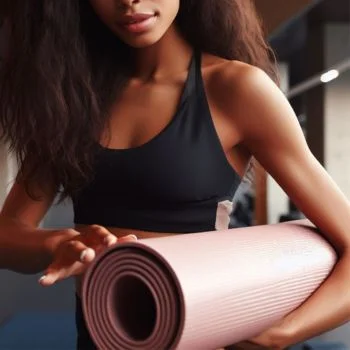 A woman in the gym holding a pink gym mat