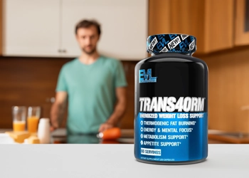 Evlution Nutrition Trans4orm Product CTA with a man behind blurred background