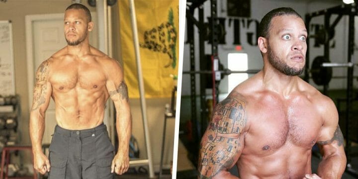 Two images of Elliott Hulse showing his physique