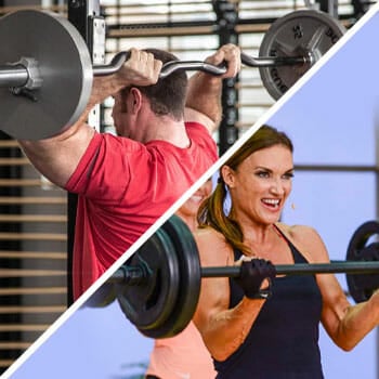 man using a cambered bar and a woman using a straight bar