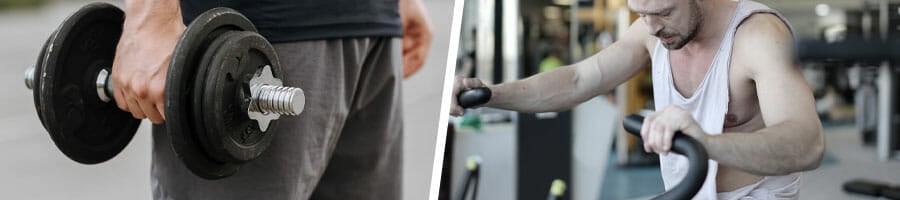 close up image of a man with a dumbbell on his hands, man working out using the gym bike