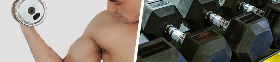 man working out his biceps and a stack of dumbbells