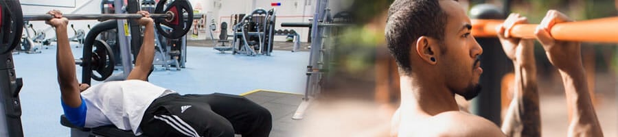 man doing a bench press, shirtless man doing chinups