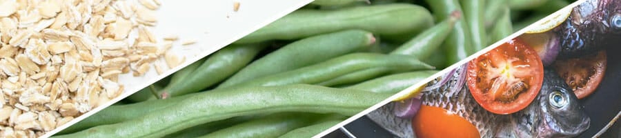 uncooked oatmeal bits, close up image of string beans, tilapia in a pan