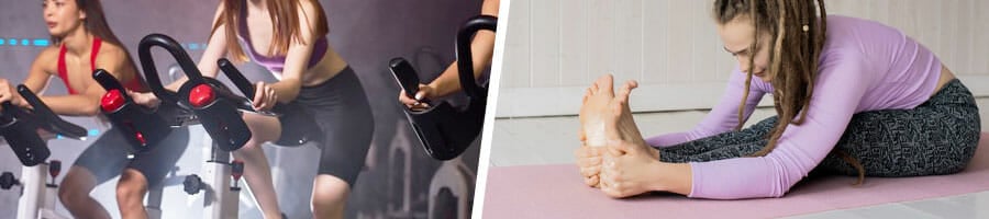 women working out during a spinning class, woman with dreads doing yoga at home