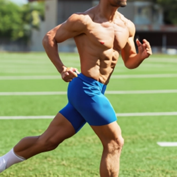 A muscular man doing a jog