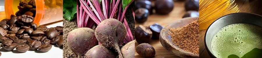 Coffee beans, beet roots, guarana and matcha tea