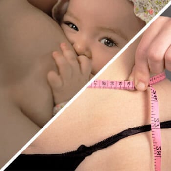 close up image of a woman breastfeeding and a woman using a measuring tape on her waist