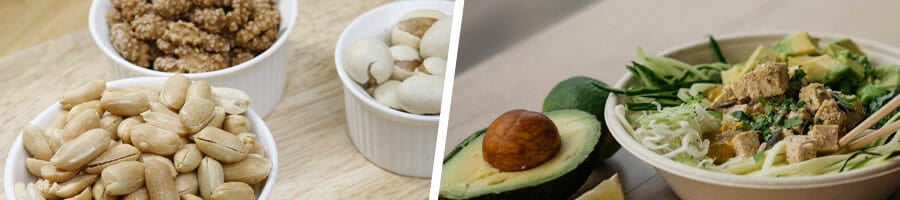 bowl filled with nuts, salad bowl and an avocado