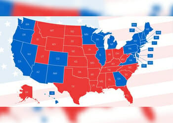 A map of US with blue and red markers