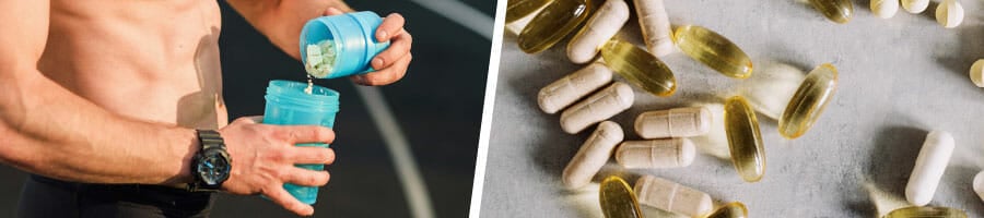 shirtless man working on his protein shake , stack of medicine pills