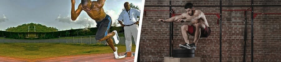 man sprinitin in a field, man practicing box jumps in a gym