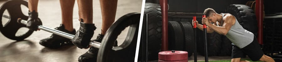 close up image of a hand holding a barbell, man doing sled pushes in a gym