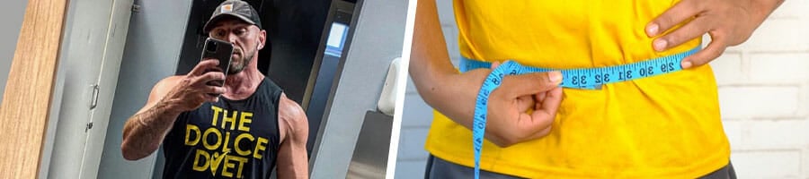 mike dolce taking a mirror selfie, close up image of a mans waist while using a measuring tape