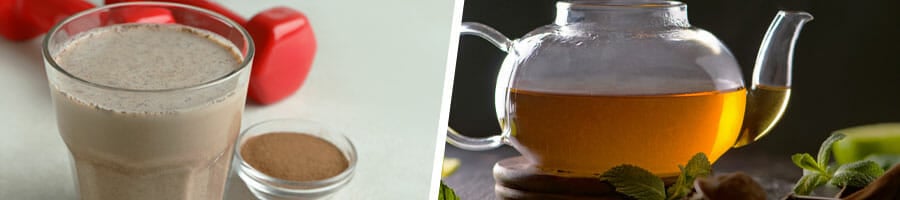 a glass of chocolate protein shake, teacup filled with green tea