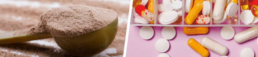 spoonful of chocolate protein powder, a medicine kit with different pills