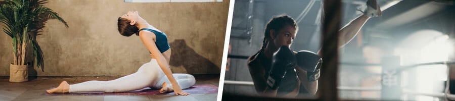 woman practicing yoga at home, woman training boxing at a gym