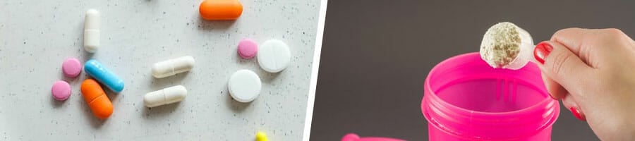 medicine pills scattered, scooping out powder in a pink water jug