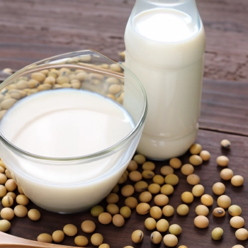 Soy beans and soy milk on a kitchen table